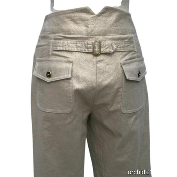 Cache Gold Metallic Linen Stretch Crop Pant Self Belt Back Tab Front NWT $128 - Picture 4 of 4